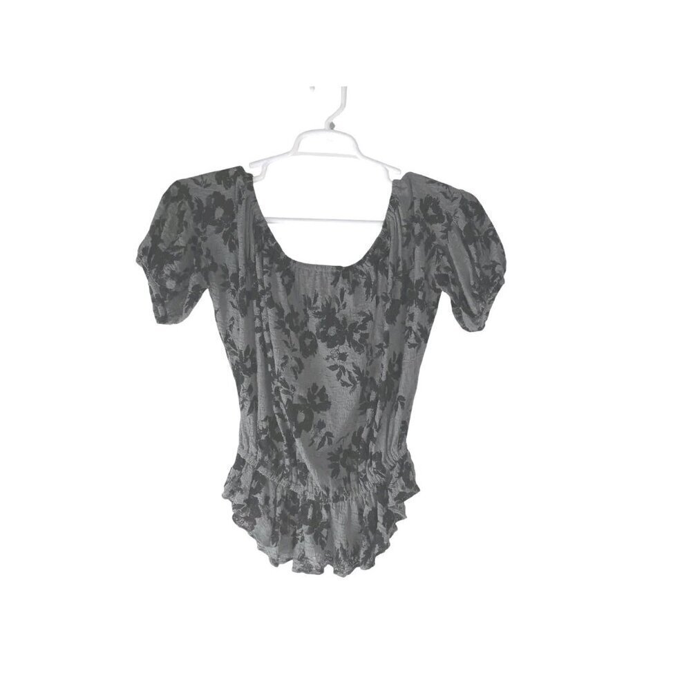 Free People Womens Top Black Gray Tiered Boho Floral Stretch Blouse sz‎ S P